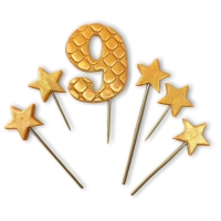 Figurki cukrowe - Cyfra "9" + 5szt gwiazdek - zestaw złoty