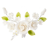 Bukiet kwiatów z dragantu - róże + liście - Białe