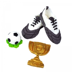 Figurki cukrowe - biało-czarne buty piłkarskie + piłka + puchar