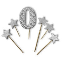 Figurki cukrowe - Cyfra "0" + 5szt gwiazdek - zestaw srebrny