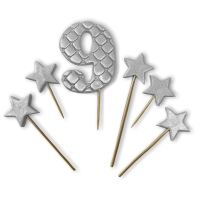 Figurki cukrowe - Cyfra "9" + 5szt gwiazdek - zestaw srebrny