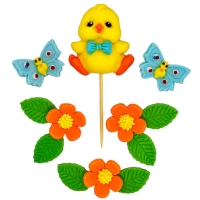 Figurki Cukrowe - Zestaw Wielkanocny - Kurczak na patyku, motylki, listki i kwiaty