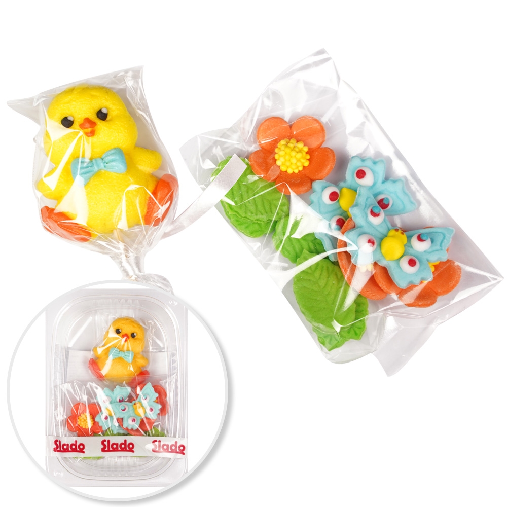 Figurki Cukrowe - Zestaw Wielkanocny - Kurczak na patyku, motylki, listki i kwiaty