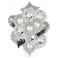 Zestaw balonów dekoracyjnych - srebrny (balony + gwiazda + serce) - 14szt