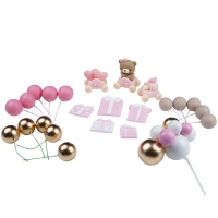 Zestaw ozdób na tort miś różowy w wagoniku 24szt