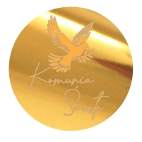 Topper na bok tortu - Kółko 6x6cm z Napisem "Komunia Święta + Gołąb" (267LZ)