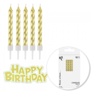 Świeczki urodzinowe - Happy Birthday złote 16szt