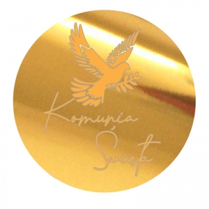 Topper na bok tortu - Kółko 6x6cm z Napisem "Komunia Święta + Gołąb" (267LZ)