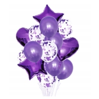 Zestaw dekoracyjny fioletowy - balony + gwiazdy + serca  - 14szt