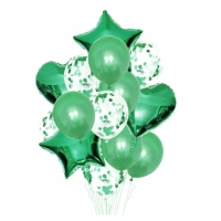 Zestaw dekoracyjny zielony - balony + gwiazdy + serca  - 14szt