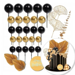 Zestaw Ozdób - kulki czarno złote + wachlarze + liście - 32szt
