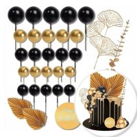 Zestaw Ozdób - kulki czarno złote + wachlarze + liście - 32szt